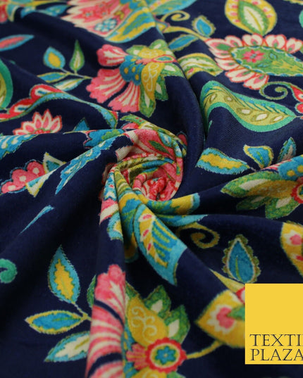 Navy Blue Bright Floral Printed Micro Velvet Velour NonStretch Dress Fabric 8813