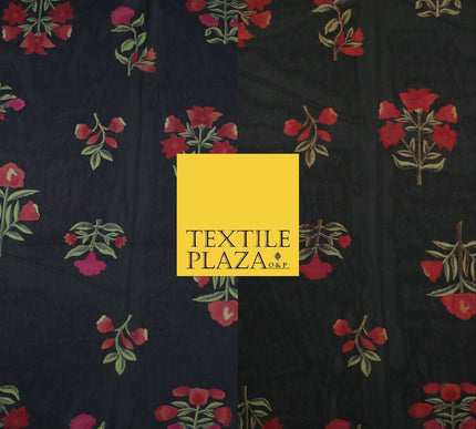 Black Navy Premium Floral Flower Printed Sheen Georgette Sheer Dress Fabric