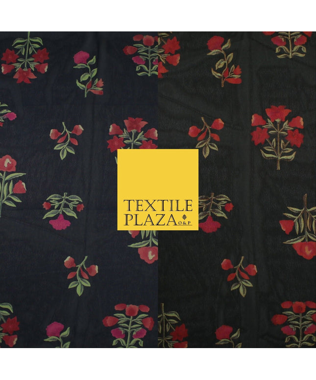 Black Navy Premium Floral Flower Printed Sheen Georgette Sheer Dress Fabric