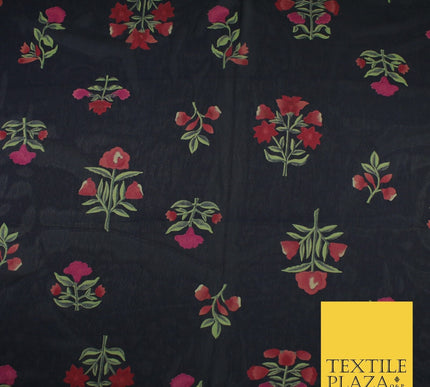 Black Navy Premium Floral Flower Printed Sheen Georgette Sheer Dress Fabric