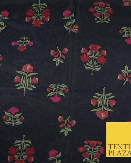 Black Navy Premium Floral Flower Printed Sheen Georgette Sheer Dress Fabric