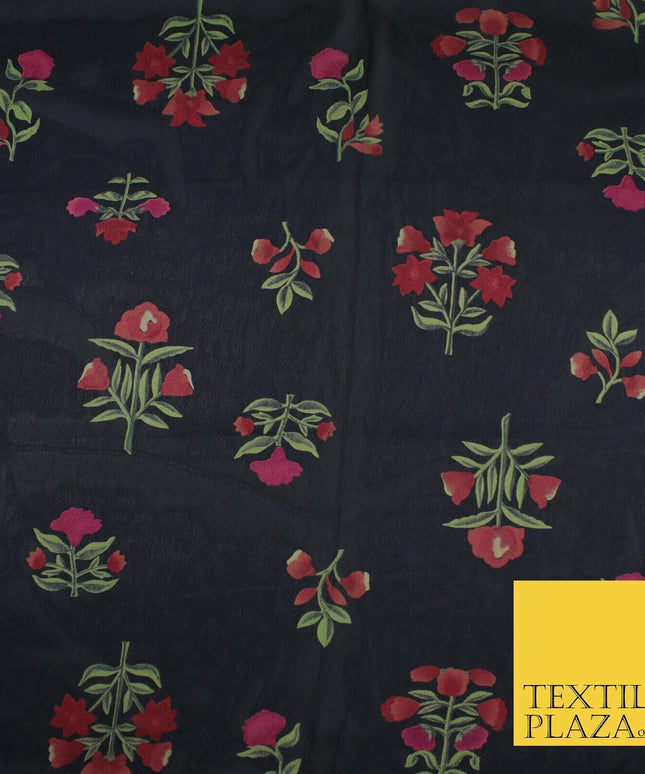 Black Navy Premium Floral Flower Printed Sheen Georgette Sheer Dress Fabric