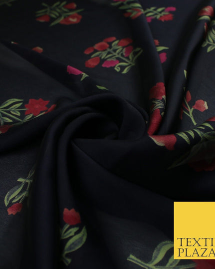 Black Navy Premium Floral Flower Printed Sheen Georgette Sheer Dress Fabric
