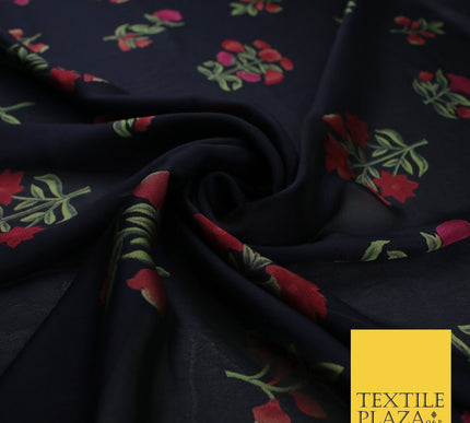 Black Navy Premium Floral Flower Printed Sheen Georgette Sheer Dress Fabric
