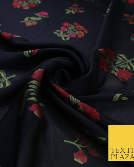 Black Navy Premium Floral Flower Printed Sheen Georgette Sheer Dress Fabric