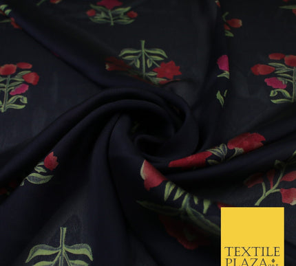 Black Navy Premium Floral Flower Printed Sheen Georgette Sheer Dress Fabric