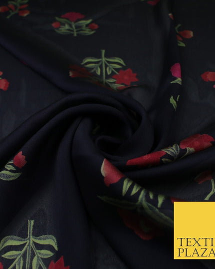 Black Navy Premium Floral Flower Printed Sheen Georgette Sheer Dress Fabric