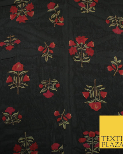 Black Navy Premium Floral Flower Printed Sheen Georgette Sheer Dress Fabric