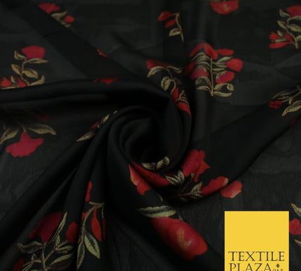 Black Navy Premium Floral Flower Printed Sheen Georgette Sheer Dress Fabric