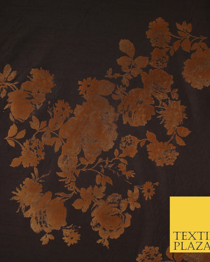 Brown Large Floral Motif Flocked Faux Silk Taffeta Fabric Dress Material 9148