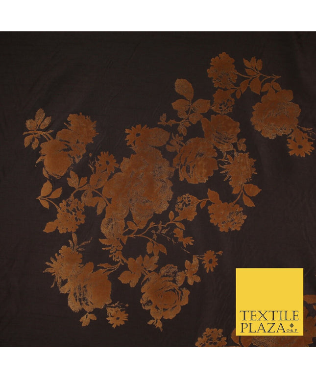 Brown Large Floral Motif Flocked Faux Silk Taffeta Fabric Dress Material 9148