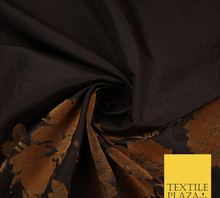 Brown Large Floral Motif Flocked Faux Silk Taffeta Fabric Dress Material 9148