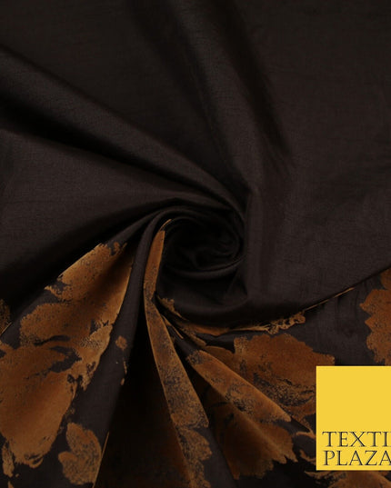 Brown Large Floral Motif Flocked Faux Silk Taffeta Fabric Dress Material 9148