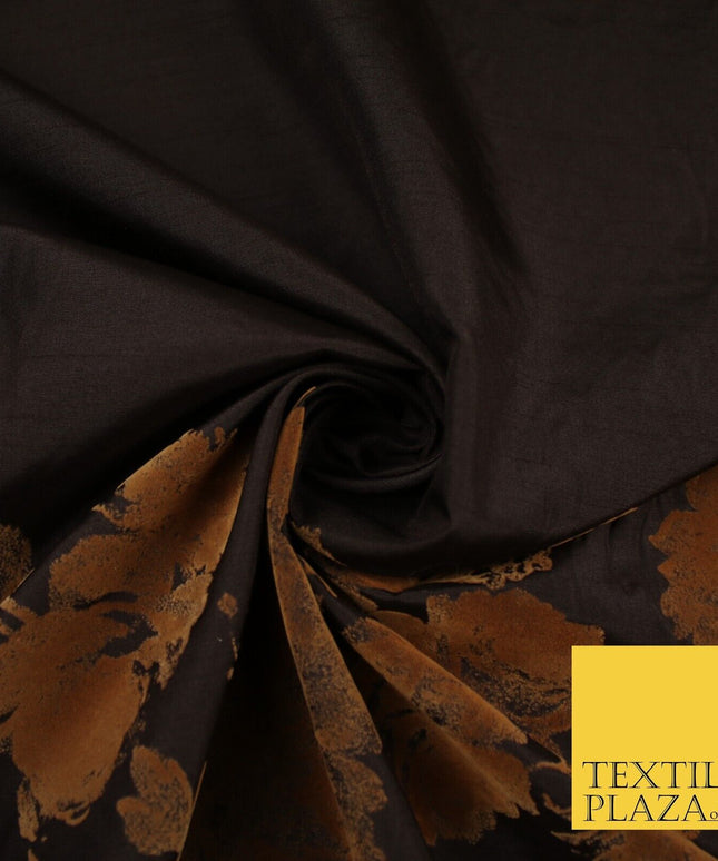 Brown Large Floral Motif Flocked Faux Silk Taffeta Fabric Dress Material 9148