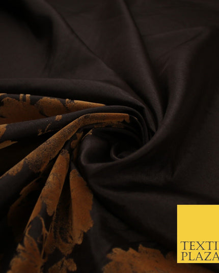 Brown Large Floral Motif Flocked Faux Silk Taffeta Fabric Dress Material 9148