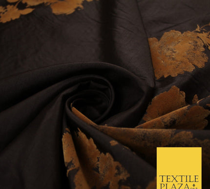 Brown Large Floral Motif Flocked Faux Silk Taffeta Fabric Dress Material 9148