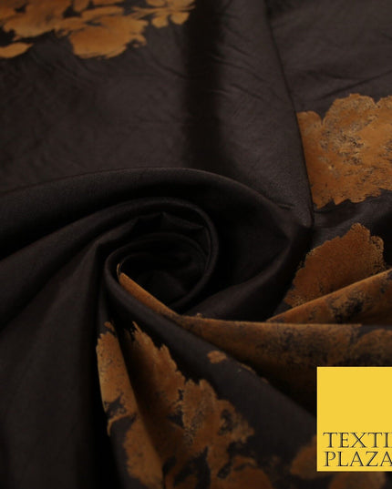 Brown Large Floral Motif Flocked Faux Silk Taffeta Fabric Dress Material 9148