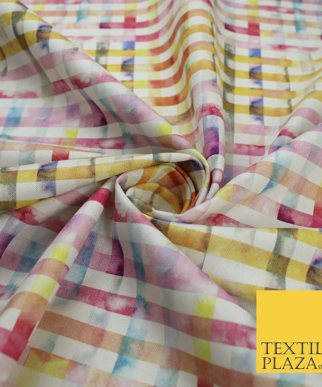 Multicolour Rainbow Check 100% Cotton Canvas Printed Fabric Craft 59" 9100
