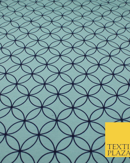 Sky Blue Geometric Circles Lattice Cotton Canvas Polyester Printed Fabric 9096