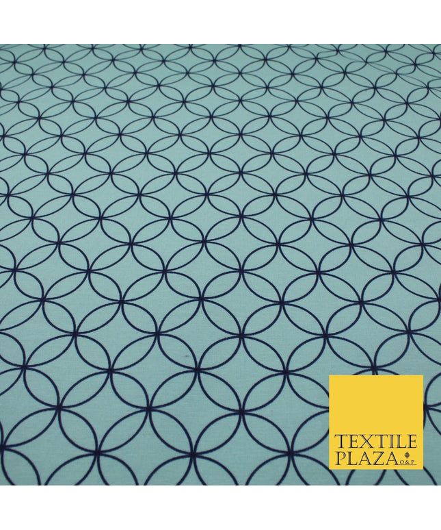 Sky Blue Geometric Circles Lattice Cotton Canvas Polyester Printed Fabric 9096