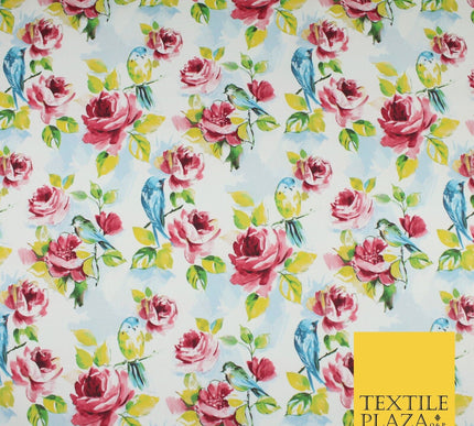 White Watercolour Artsy Floral Roses 100% Cotton Canvas Print Fabric Craft 9097