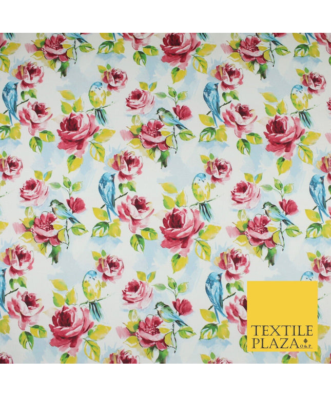 White Watercolour Artsy Floral Roses 100% Cotton Canvas Print Fabric Craft 9097