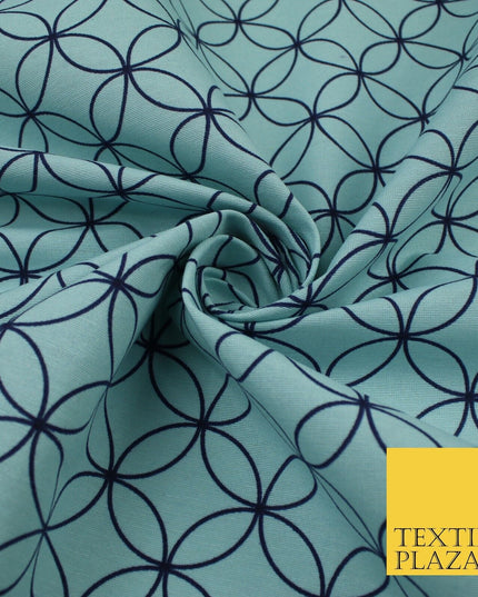 Sky Blue Geometric Circles Lattice Cotton Canvas Polyester Printed Fabric 9096