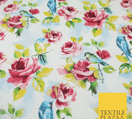 White Watercolour Artsy Floral Roses 100% Cotton Canvas Print Fabric Craft 9097