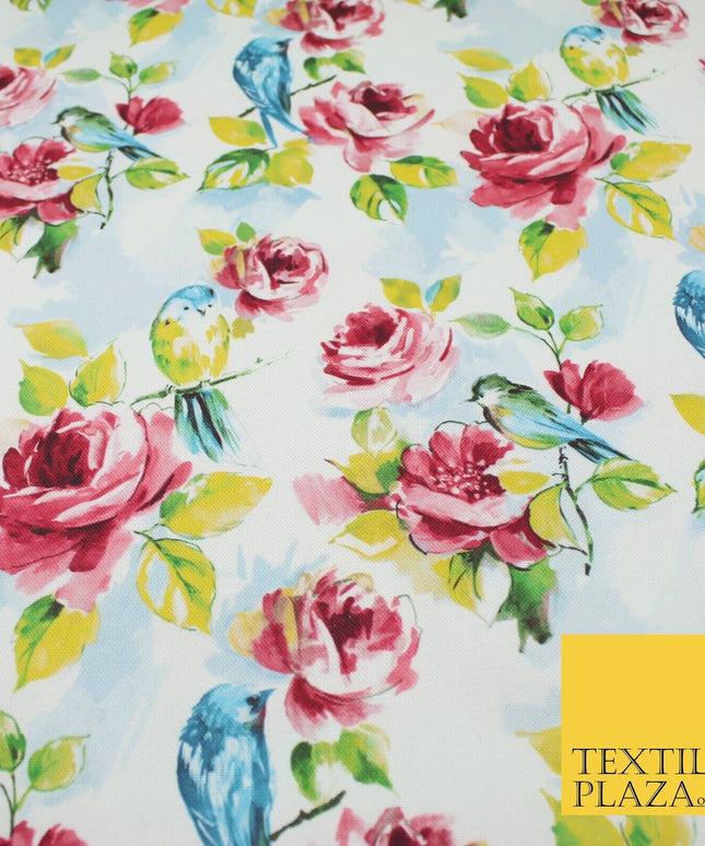 White Watercolour Artsy Floral Roses 100% Cotton Canvas Print Fabric Craft 9097