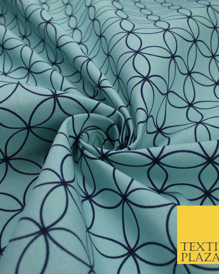 Sky Blue Geometric Circles Lattice Cotton Canvas Polyester Printed Fabric 9096