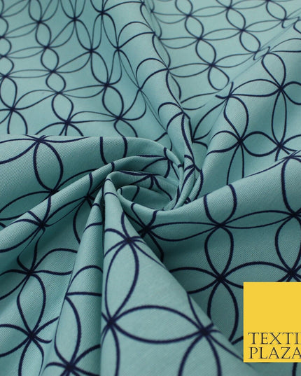 Sky Blue Geometric Circles Lattice Cotton Canvas Polyester Printed Fabric 9096