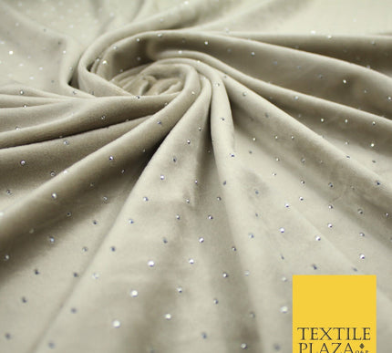Champagne Gold Silver Diamante Soft Velvet Velour Fabric Stretch Material 9075