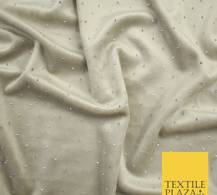 Champagne Gold Silver Diamante Soft Velvet Velour Fabric Stretch Material 9075