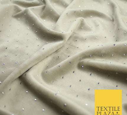 Champagne Gold Silver Diamante Soft Velvet Velour Fabric Stretch Material 9075