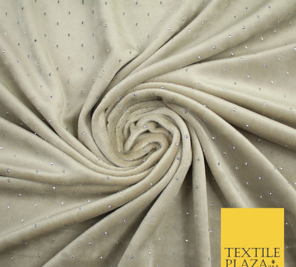 Champagne Gold Silver Diamante Soft Velvet Velour Fabric Stretch Material 9075