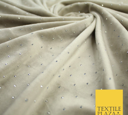Champagne Gold Silver Diamante Soft Velvet Velour Fabric Stretch Material 9075
