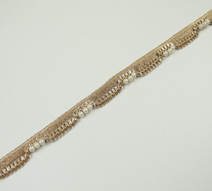 Gold Metallic Ribbon & Trio Pearl Trim Border Ribbon Gota Lace 2cm Wide X701
