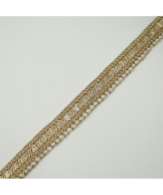 Gold Metallic Braided Ribbon & Mini Pearl Trim Border Gota Lace 1.5cm Wide X711