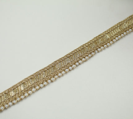 Gold Metallic Braided Ribbon & Mini Pearl Trim Border Gota Lace 1.5cm Wide X711