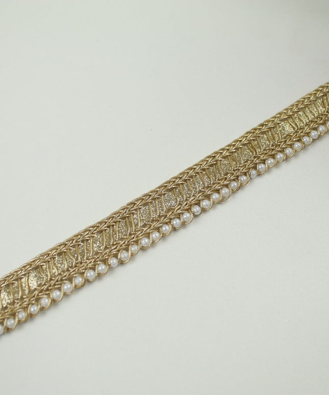 Gold Metallic Braided Ribbon & Mini Pearl Trim Border Gota Lace 1.5cm Wide X711