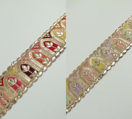 2 COLOURS Multi Colour Arch Floral Sequin Embroidered Trim Border Lace 6cm Wide