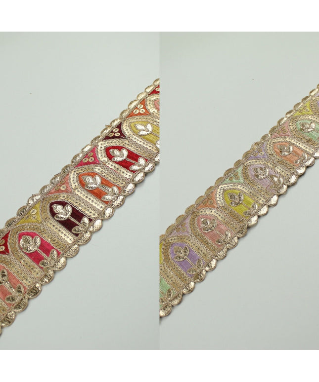 2 COLOURS Multi Colour Arch Floral Sequin Embroidered Trim Border Lace 6cm Wide