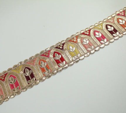 2 COLOURS Multi Colour Arch Floral Sequin Embroidered Trim Border Lace 6cm Wide