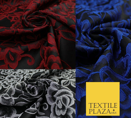 Red Grey Royal Blue Ornate Floral Roses Corded Floral Textured Brocade Fabric