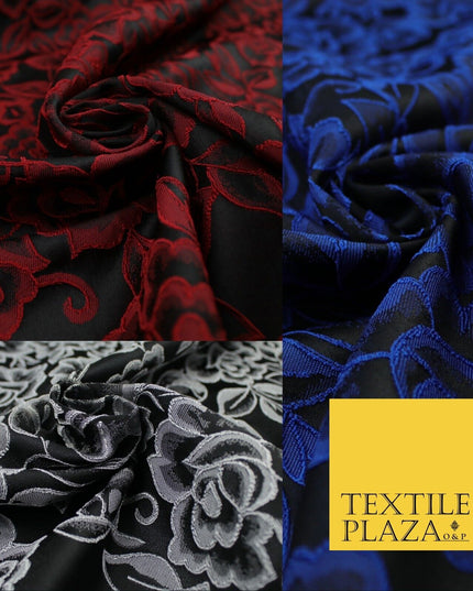 Red Grey Royal Blue Ornate Floral Roses Corded Floral Textured Brocade Fabric