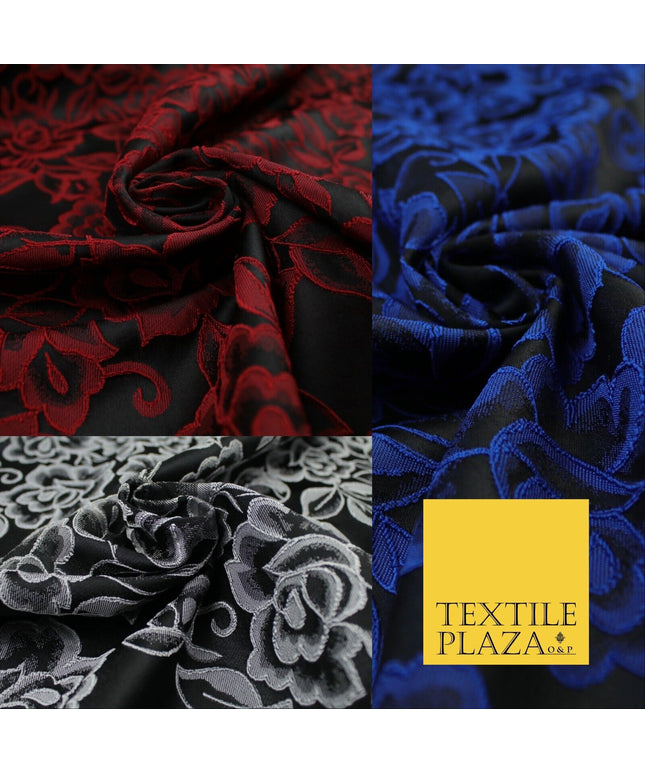 Red Grey Royal Blue Ornate Floral Roses Corded Floral Textured Brocade Fabric