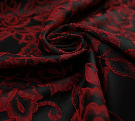 Red Grey Royal Blue Ornate Floral Roses Corded Floral Textured Brocade Fabric