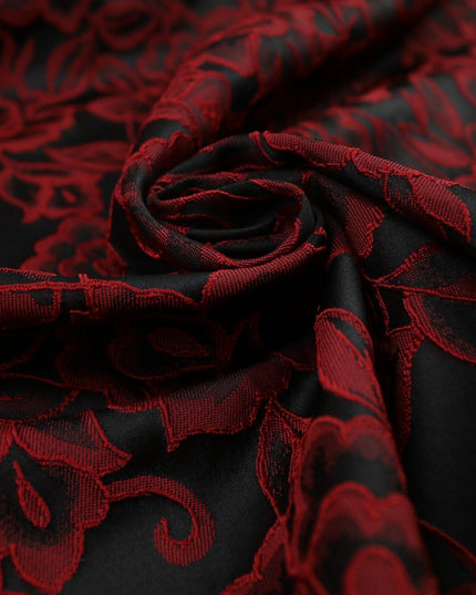 Red Grey Royal Blue Ornate Floral Roses Corded Floral Textured Brocade Fabric
