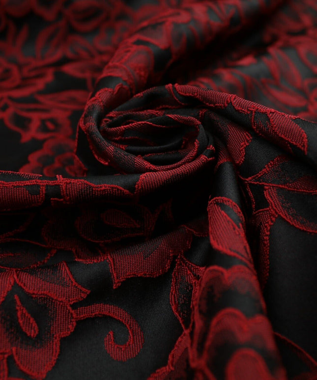 Red Grey Royal Blue Ornate Floral Roses Corded Floral Textured Brocade Fabric