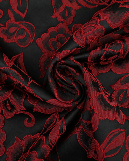 Red Grey Royal Blue Ornate Floral Roses Corded Floral Textured Brocade Fabric
